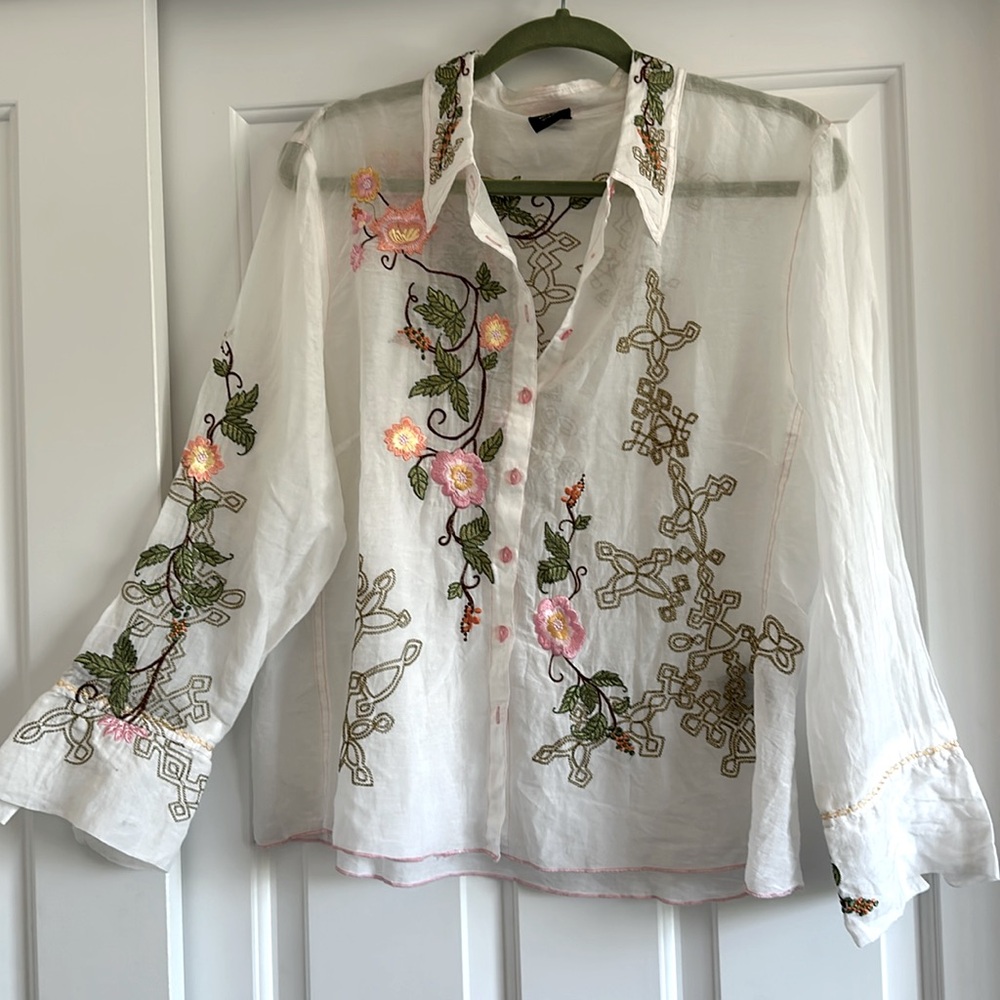 Tribal Sheer Embroidered Button Down Shirt 16